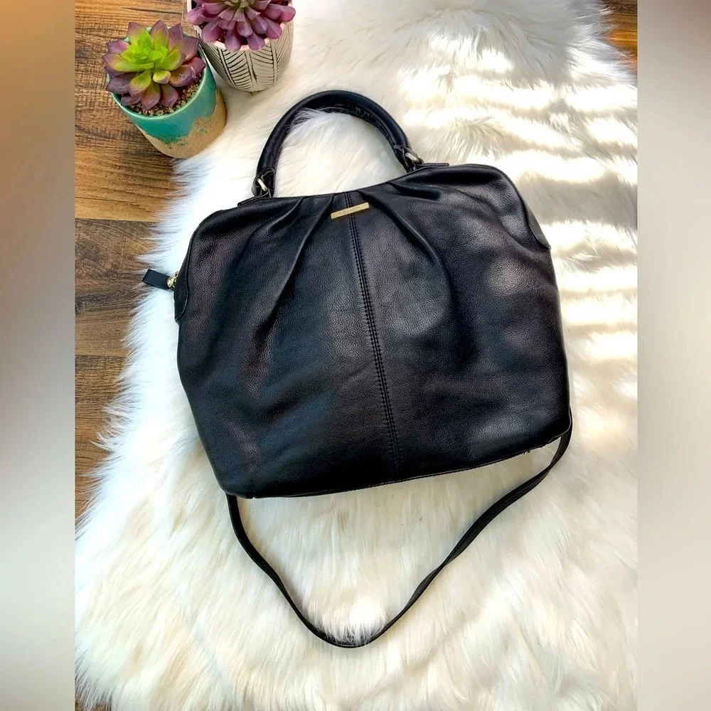 Kate Spade New York Matte Black Leather Bag Crossbody Zip Top Tote Handle Pleat